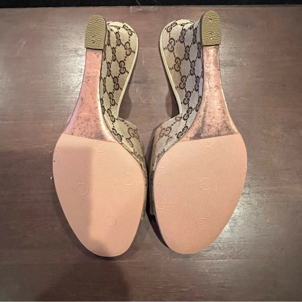 Gucci Beige GG Canvas Open Toe Wedge Heel Women’s Size 10 - Picture 8 of 10